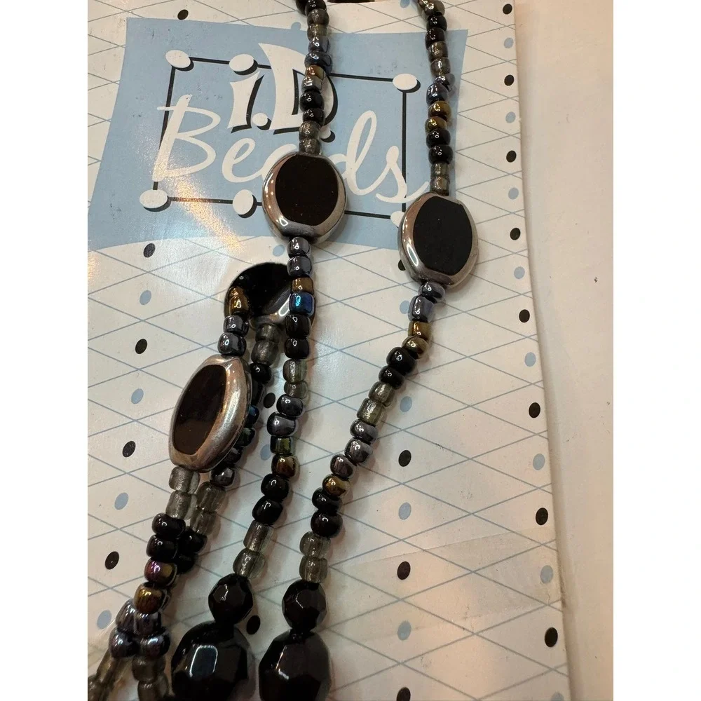 i.D. Beads Scholastic Black Silver Iridescent Beaded Lanyard ID Badge Holder